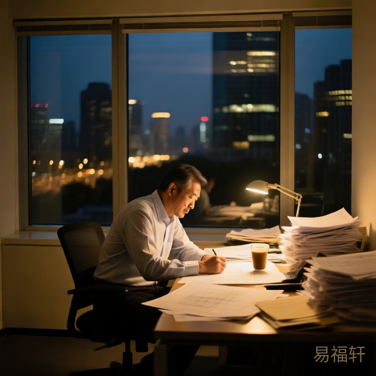 一位穿着衬衫的中年男人深夜独自在办公室加班，桌上堆满文件和图纸，窗外是城市夜景，咖啡已经凉了