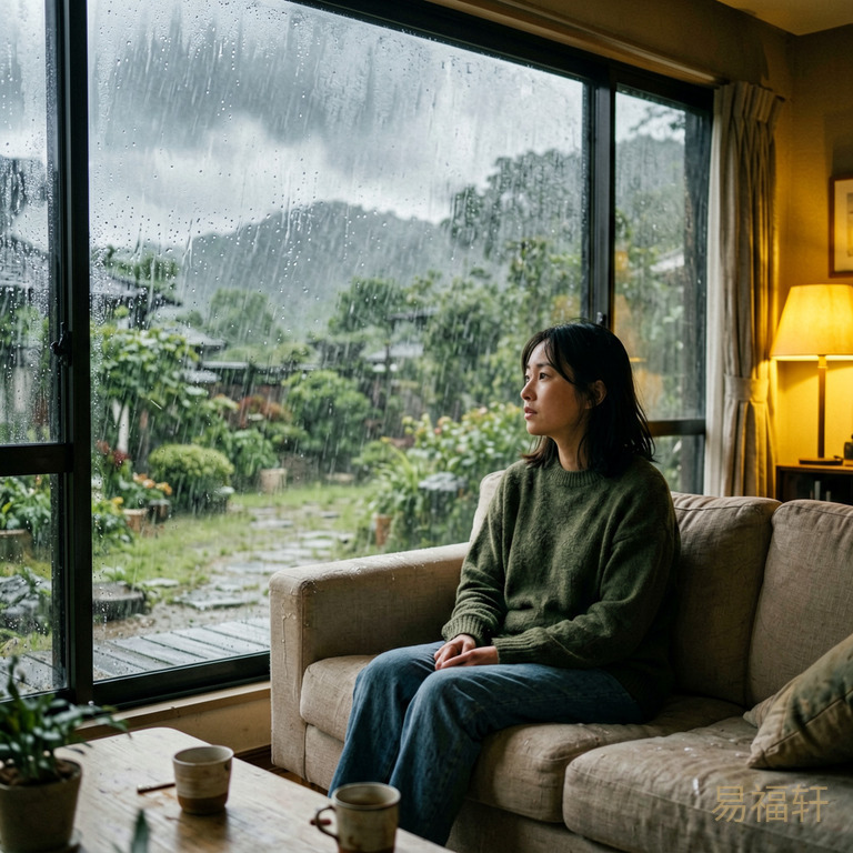 台风天窗外狂风暴雨,雨水打在玻璃上,屋内暖黄色灯光下一个人独坐沙发,神情若有所思