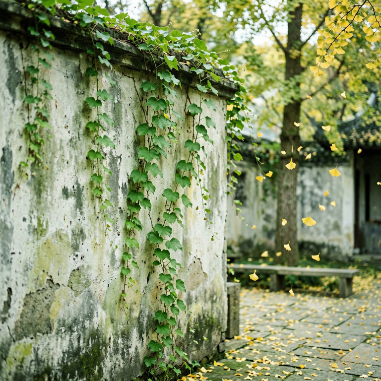 秋日庭院一角,柔韧的青藤攀附在斑驳的老墙上,远处有银杏叶飘落,光线柔和而清冷