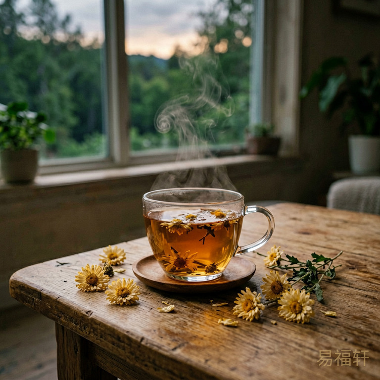 实木茶几上一杯琥珀色的花草茶冒着热气,旁边散落几朵干菊花,窗外暮色渐浓,画面静谧温暖