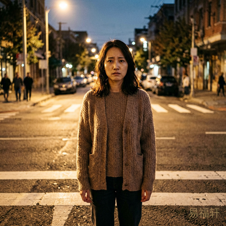 一个女人站在十字路口,一边是明亮的灯光一边是阴影,表情犹豫