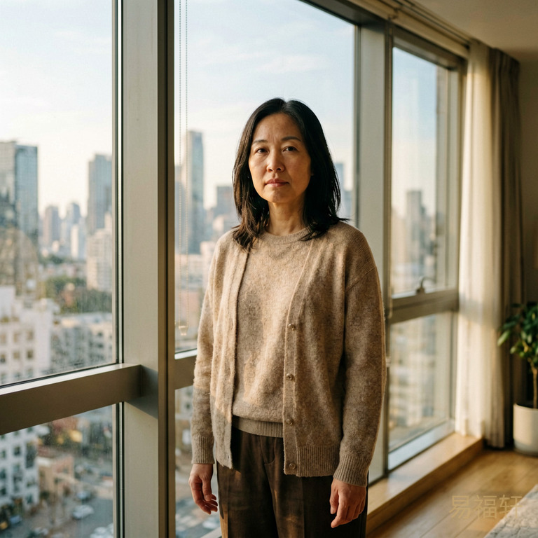 一个成熟女性站在落地窗前,窗外是城市天际线,表情平静而坚定