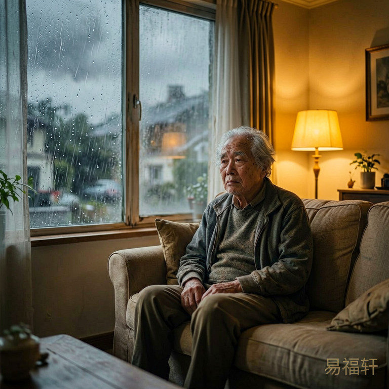 台风天暴雨拍打窗户,一位头发花白的老人独自坐在客厅沙发上,窗外天色昏暗,屋内一盏暖黄台灯亮着,老人神情疲惫中带着不安