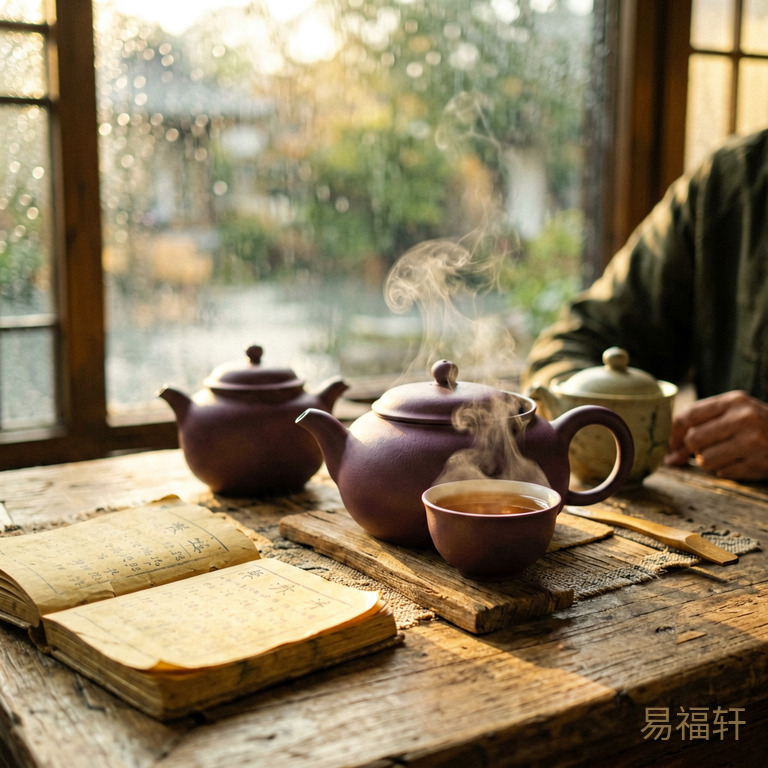 中式茶桌上摆着一套紫砂茶具,旁边放着一本打开的老黄历,茶杯里冒着热气,背景是雨后的窗外透进柔和的阳光