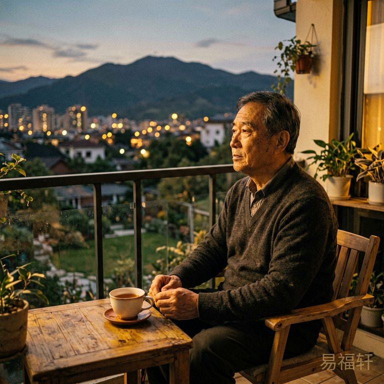 一个中年男人深夜独自坐在自家阳台,手边一杯茶,望着城市的灯火出神