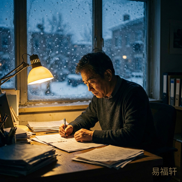 冬夜办公室,一个中年男人坐在工位上低着头,桌上文件杂乱,窗外飘着雪,台灯昏黄,他的影子显得格外蜷缩
