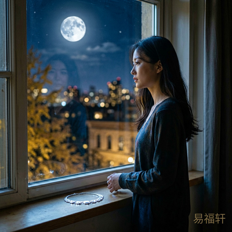 秋夜月光下,一个年轻女子独自站在窗前,窗台上放着银色首饰,月光照在首饰上泛着冷光,背景是城市的万家灯火