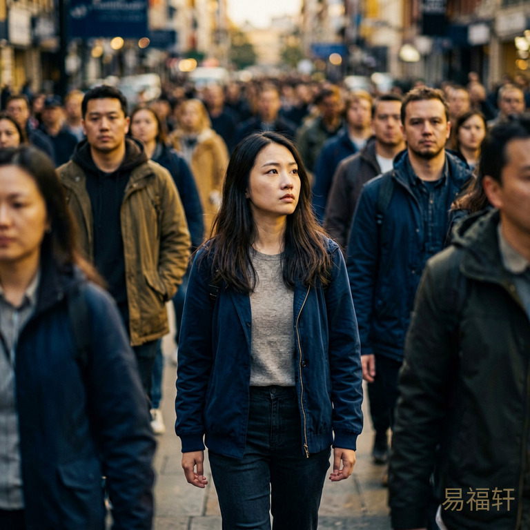 一个年轻女子站在人群中,周围的人都朝同一个方向走,她一个人站着,望向相反的方向,表情不是孤独而是思考
