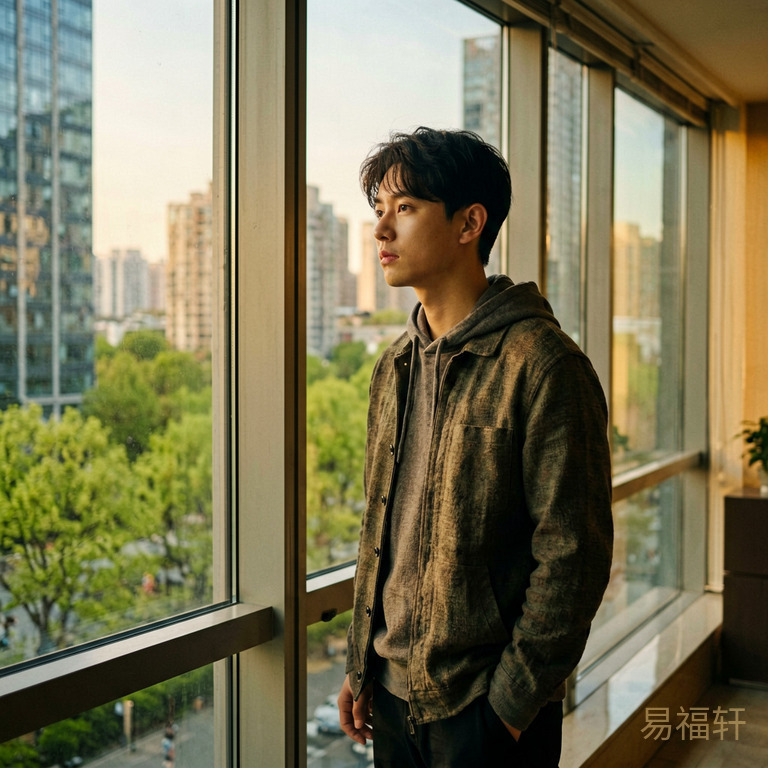 一个年轻男子站在城市高楼的落地窗前,窗外是春天的绿色和楼宇,表情沉稳中带着一丝等待