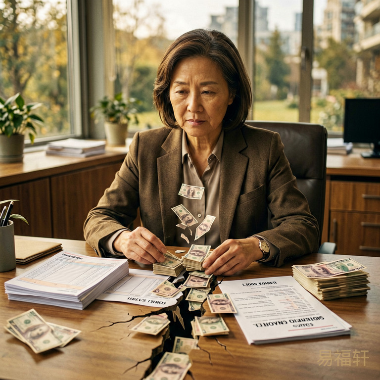 中年女性坐在办公室里,办公桌上放着一叠工资单和一份兼职合同,面前堆着钱,但中间像被无形的力量撕开了一道裂缝,钱正在从裂缝中流走