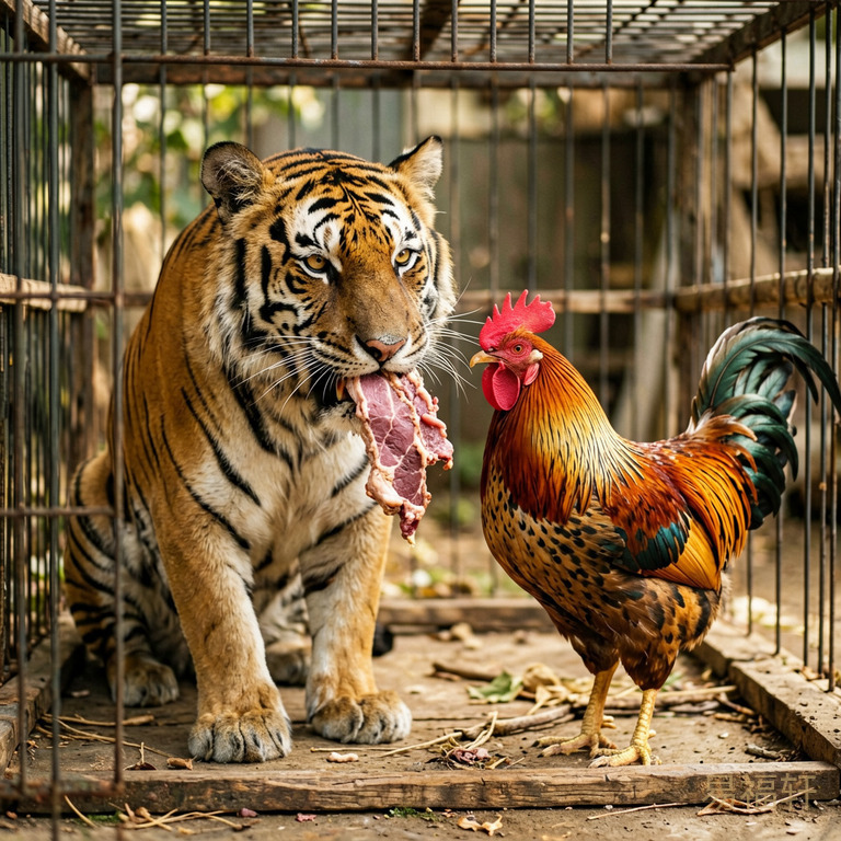 一只虎和一只公鸡被关在同一只笼子里,虎嘴里叼着肉,公鸡在旁边不停啄食,虎面露无奈