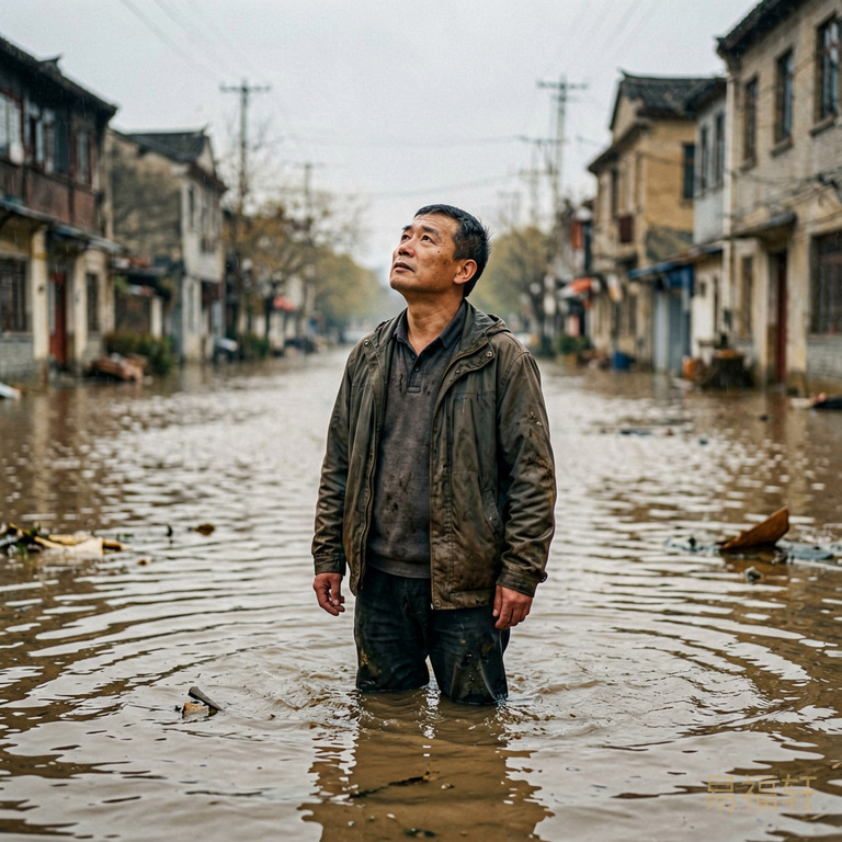 洪水漫过街道,一个中年男人独自站在齐腰深的水中仰望天空,周围空无一人,天色灰蒙蒙