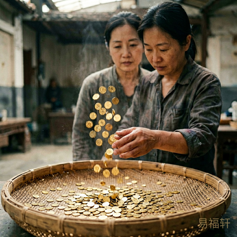 一个人站在筛子前,金币从筛孔里漏下去,手上只剩几枚