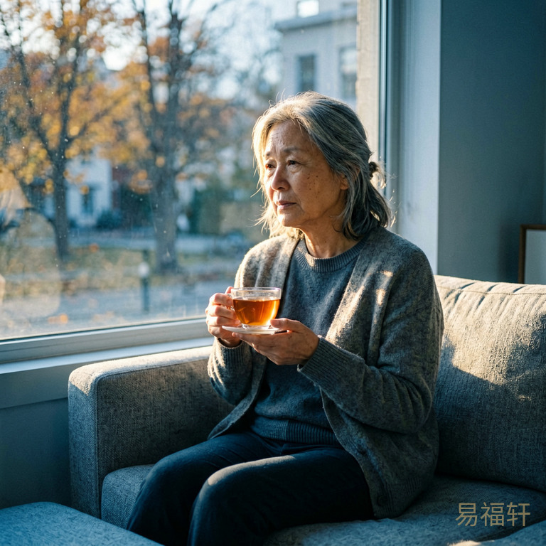一位中年女性独自坐在窗边沙发上,窗外秋日阳光斜照,她手里捧着一杯茶,表情带着回忆和些许落寞