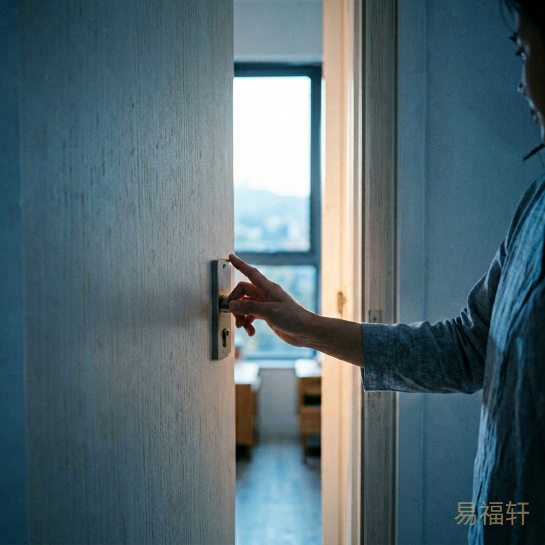 一只手轻轻推开门,门缝里可以看到房间内有柔和的灯光,象征着敞开心扉的瞬间