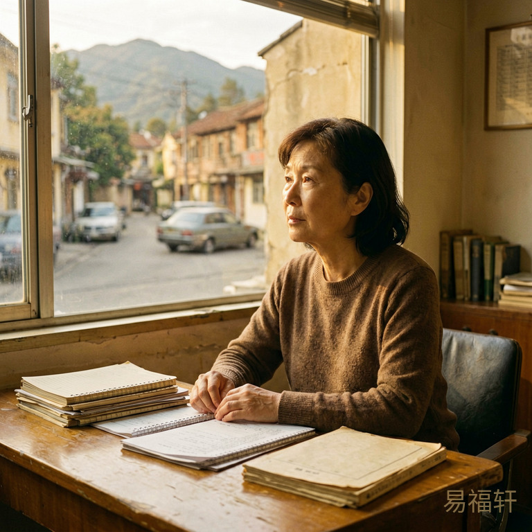 一位中年女性坐在老式办公桌前,手边堆着账本和文件,窗外是八十年代的街道,她望着窗外若有所思