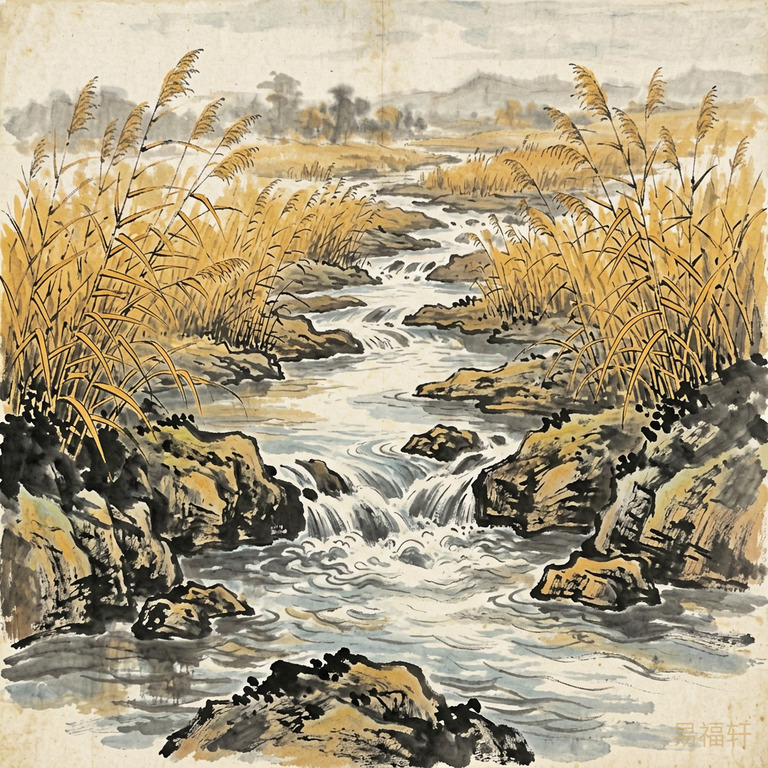 秋天的溪流穿过石头缝,水流不大但连绵不断,岸边长着枯黄的芦苇