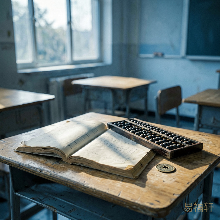 一个老旧的教室里,光线从窗户外斜照进来,桌上摊着翻旧了的课本,旁边放着一把算盘和一个铜钱,课本被算盘的影子压住了一半