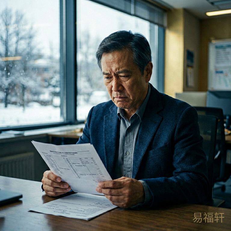一位54岁的中年男性坐在办公室里,手里拿着体检报告,眉头紧锁,窗外是阴冷的冬日