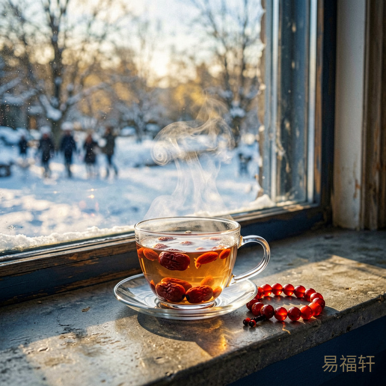 冬日暖阳从落地窗照进来,窗台上放着一杯冒着热气的红枣枸杞茶,旁边是一串红玛瑙手链