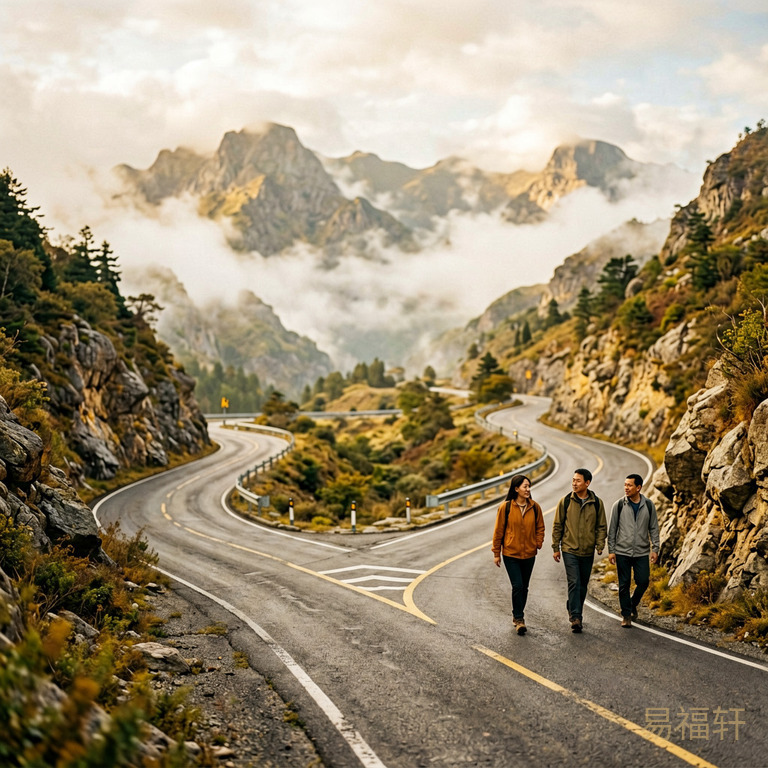 一条蜿蜒的山路,路边有岔路口,远处的山峰被云雾半遮,光线柔和