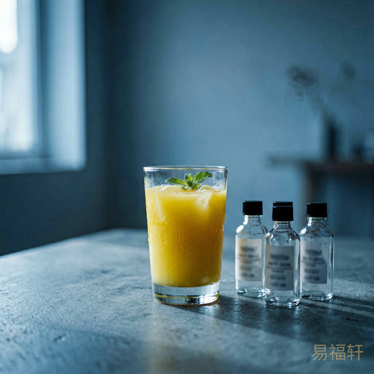 一杯看似新鲜的果汁旁放着几个空香精瓶子,标签模糊,光线昏暗