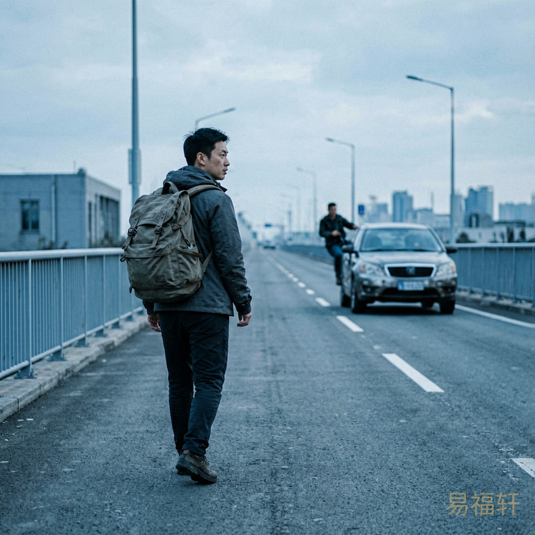 一个人独自背着大背包走在桥上,远处另一个人被拉上了一辆车,两人回头相望
