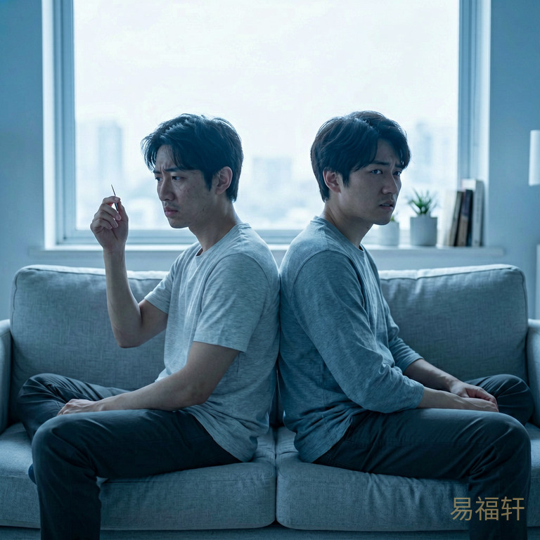两个人背对背坐在沙发两端,一个人手里捏着一根细针,表情不是愤怒而是疲惫和无奈