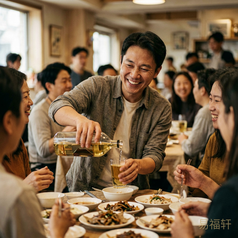 一个男人在热闹的饭局上笑容满面地给周围人倒酒,但眼神里有一闪而过的疲惫和疏离