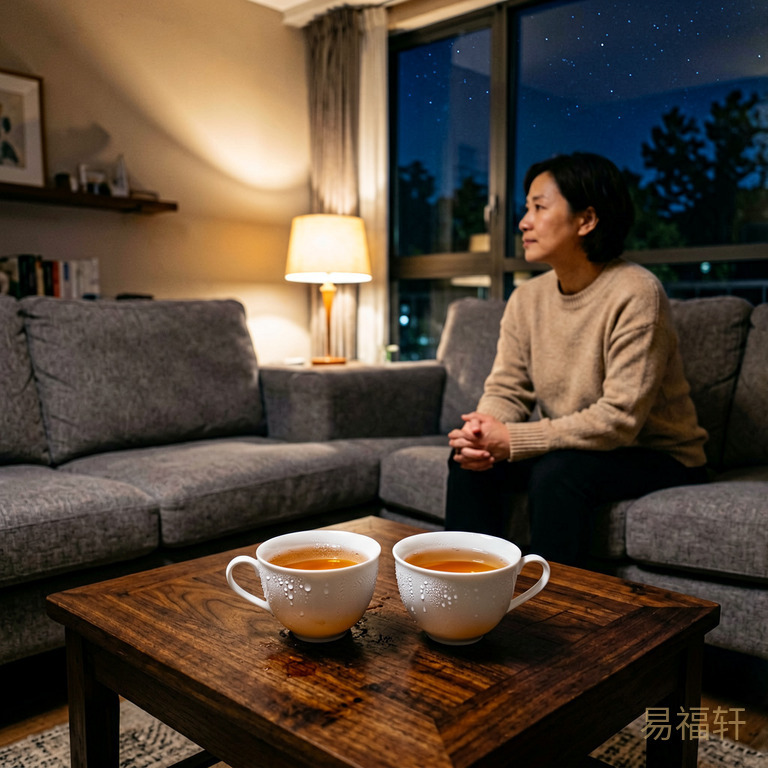 深夜的客厅,沙发上坐着一个人,茶几上放着两杯已经凉掉的茶,对面座位空着,灯光昏黄