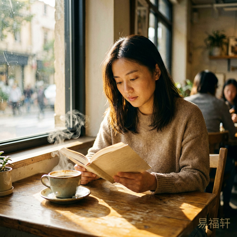 一个人坐在咖啡店里看书,阳光从窗户斜照进来,桌上一杯热咖啡冒着热气,神情平静而专注