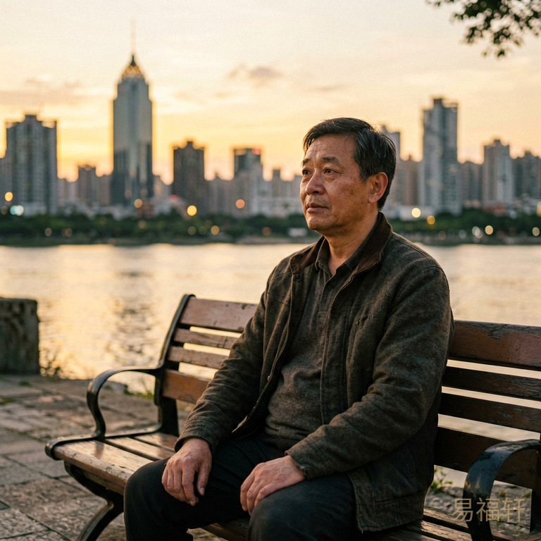 一位中年男人坐在江边长椅上,背景是黄昏的城市天际线,神情平静中带一丝释然