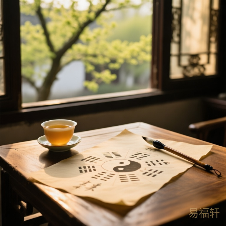一张手写的八字排盘纸放在木桌上,旁边放着一杯茶和一支毛笔,窗外是春天的绿树