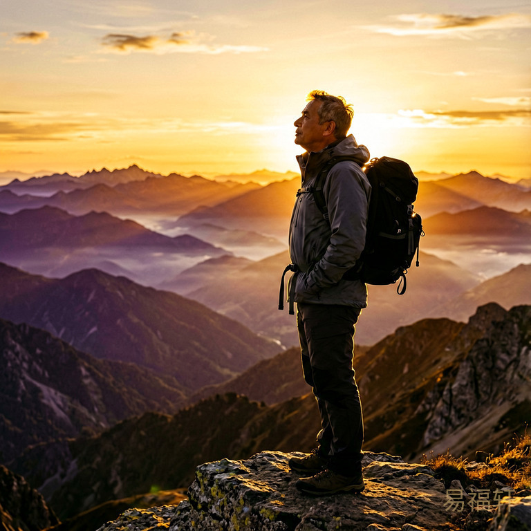 一个中年男人背着旅行包独自站在山脊上远眺,夕阳逆光,剪影孤独而自由