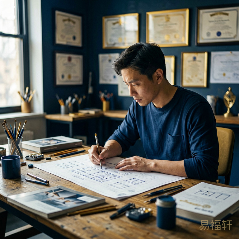 一个人在工作室里专注地画设计图纸,桌上有各种工具和参考书,墙上挂着专业证书