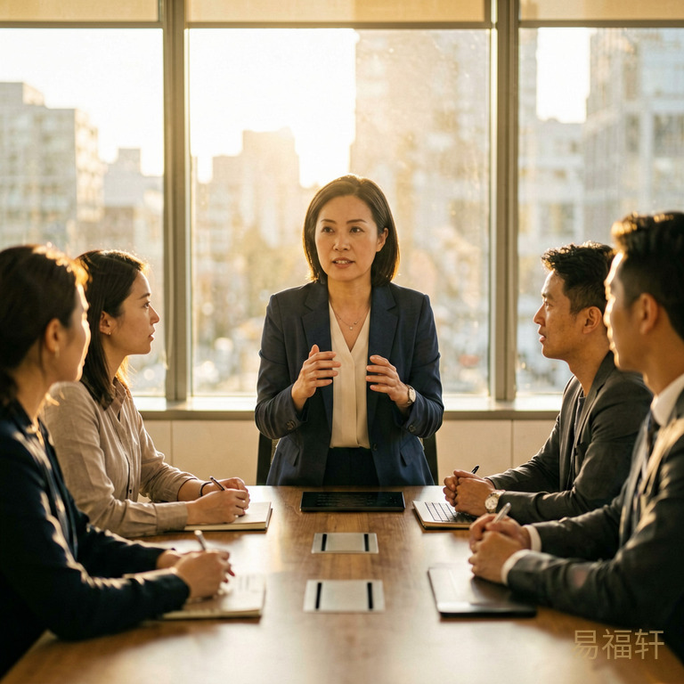 一位干练的女性在办公室主持会议,面前坐着团队成员,她目光坚定正在讲话,阳光从窗户洒进来