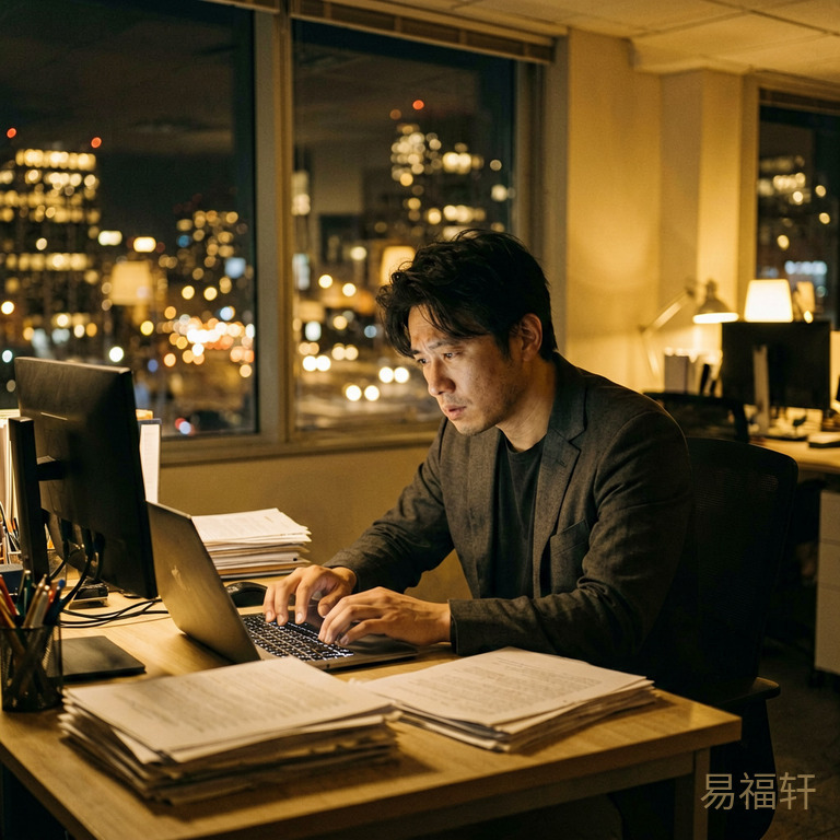 一位男性深夜独自在办公室加班,桌上堆满文件,窗外的城市灯火通明,神情疲惫但仍在坚持