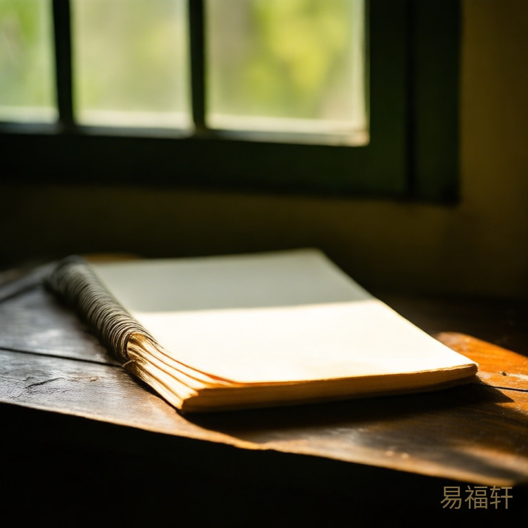 冬日清晨的阳光穿过窗户照在一张老木桌上,桌上摊着一本泛黄的笔记本