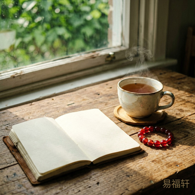 书桌上摊开的笔记本旁放着一杯热茶和一串红玛瑙手串,窗外透进一束光