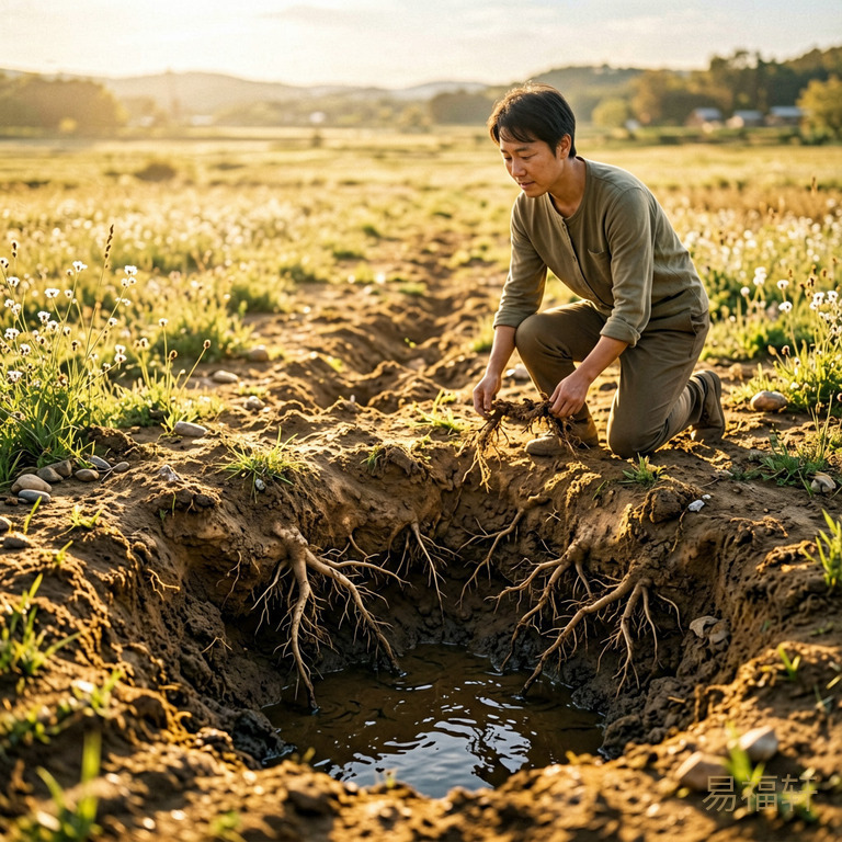 春日田野的泥土,阳光斜照,表面温暖安静,地下根茎盘结暗流涌动
