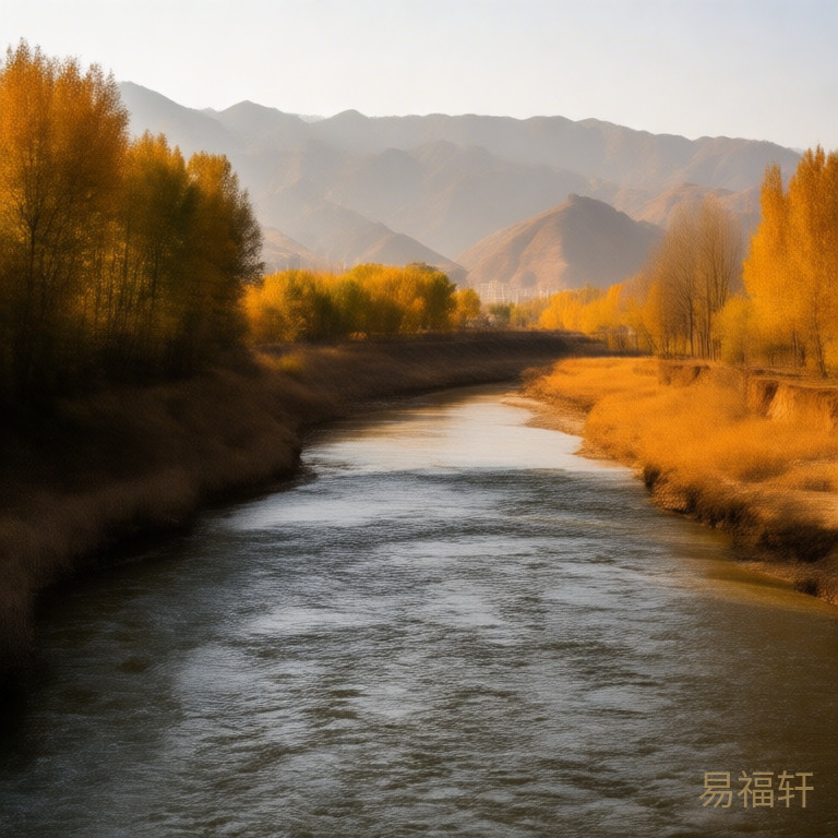 秋天的江水流过干涸的河床,两岸黄土裸露,远处有山