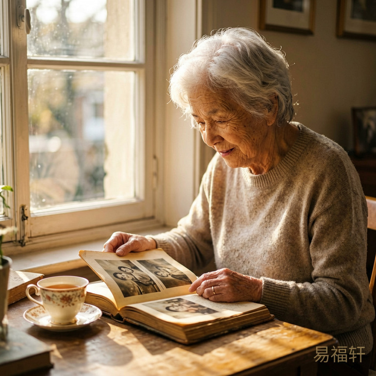 一位白发老人在窗前翻看旧相册,阳光透过玻璃洒在她手边的茶杯上,画面温暖安静