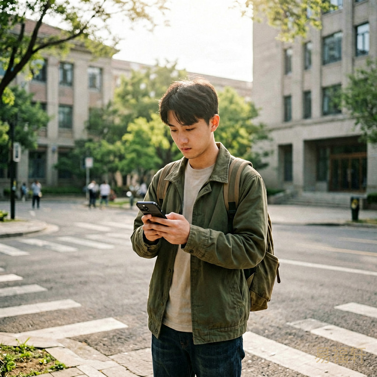 一个20岁左右的男生站在校园十字路口,一边是图书馆代表继续深造,一边是政府大楼代表考公,他正低头看手机搜索着什么,阳光从头顶照下来