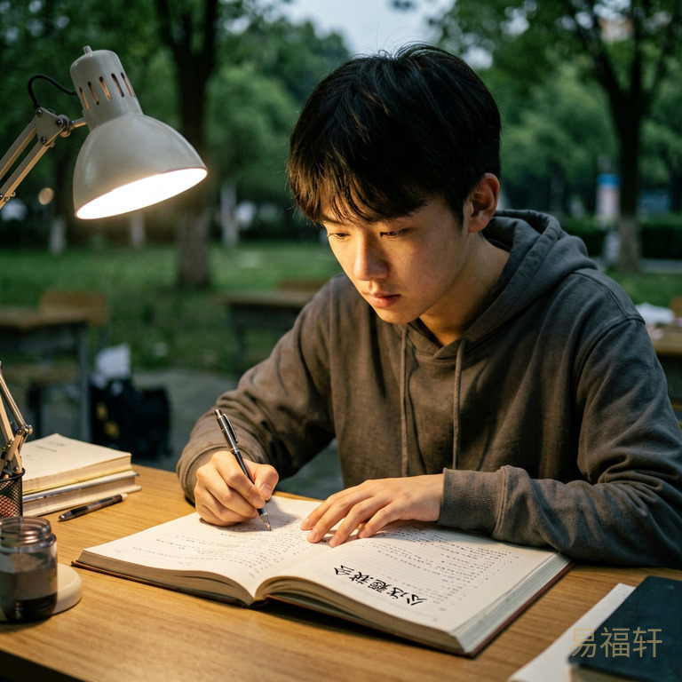一个学生在深夜的书桌前,台灯下摊开公务员考试真题,表情专注但不紧张,手指点在题目上,脸上有一种