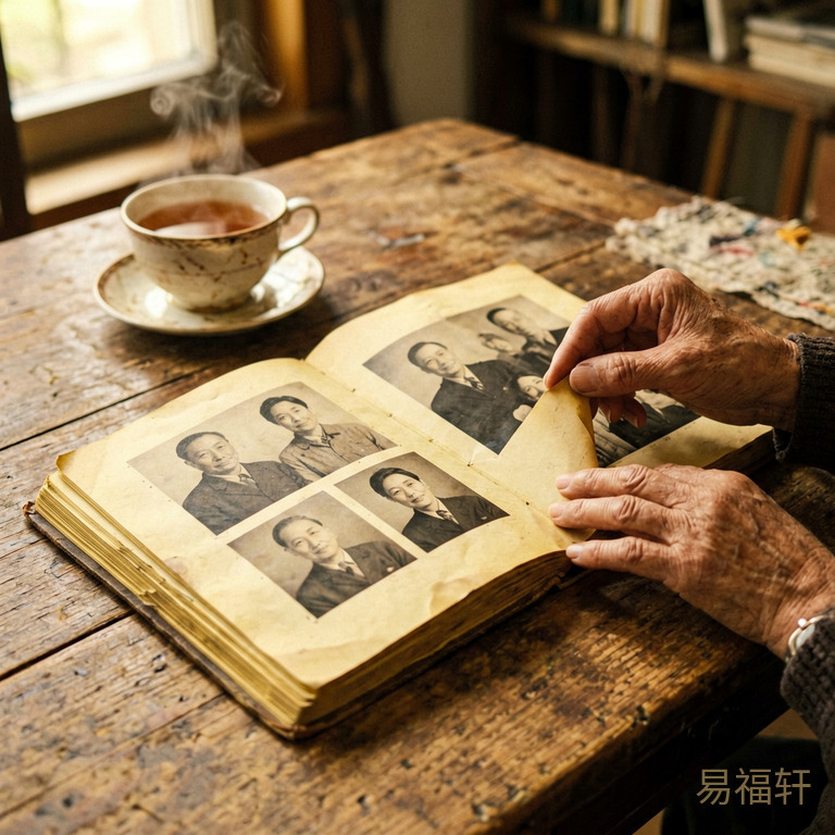 老式木桌上放着泛黄的全家福相册,旁边摆着一杯热茶,一位老人的手轻轻翻动着相册页面