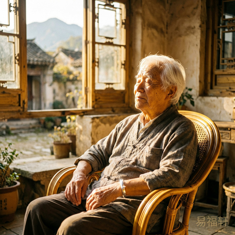 午后的阳光洒在老式庭院里,一位白发老人安静地坐在藤椅上闭目养神,手腕上银镯闪着微光