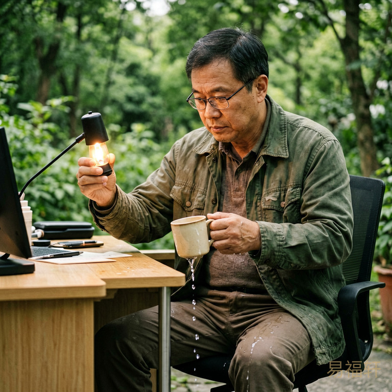 一个中年人坐在办公桌前,左手拿着一盏灯(火光微弱),右手的杯子漏水,水滴滴在腿上