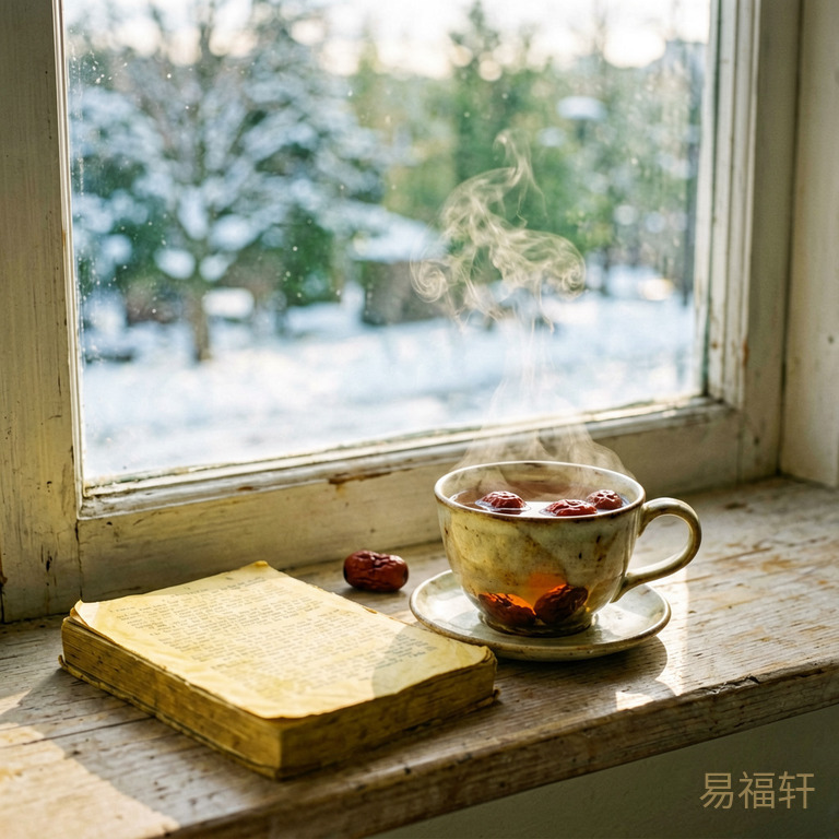 冬日阳光照进窗台,一杯红枣茶冒着热气,手边一本泛黄的老书