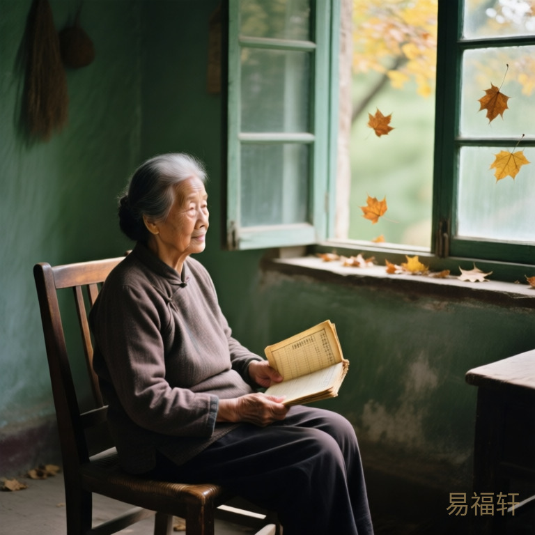 一位老年女性坐在老房子的木椅上,手中拿着一本泛黄的账本,窗外秋叶飘落