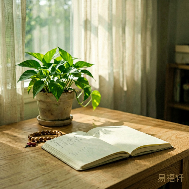简洁的书桌一角,放着绿色植物、木珠手串和一本摊开的记账本,阳光从窗帘缝隙照进来
